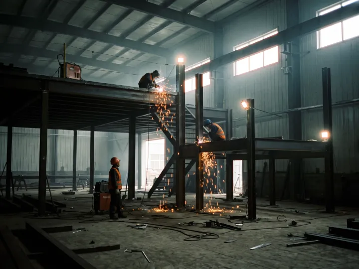 Montagem de estrutura metálica industrial — equipe soldando vigas em galpão comercial