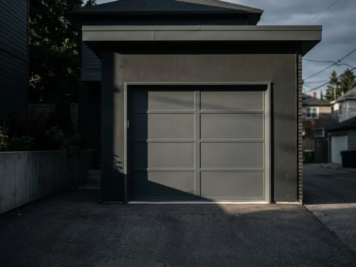 Portão de garagem metálico basculante instalado em residência — estrutura em aço com acabamento industrial
