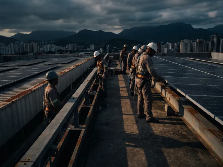 Instalação de painéis solares em telhado comercial — equipe técnica montando sistema fotovoltaico com iluminação dramática