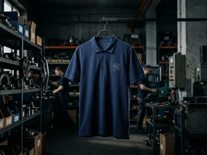 Blusa gola polo com bordado para loja de autopeças — uniforme azul marinho com identidade visual corporativa