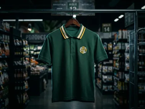 Blusa gola polo com gola customizada e logo bordado no peito — uniforme para equipe de varejo com identidade visual da marca