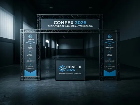 Banners verticais e testeira de feira instalados — sinalização impressa em tecido e vinil