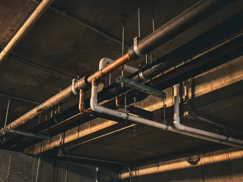 Close-up de tubulação frigorígena e drenagem instalada — execução técnica organizada