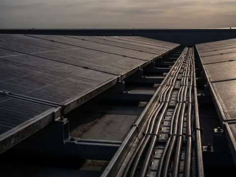 Close-up de painéis fotovoltaicos alinhados em telhado industrial — acabamento preciso e cabeamento organizado