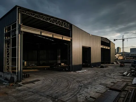 Galpão metálico industrial em implantação — estrutura ampla com cobertura em aço para operação logística