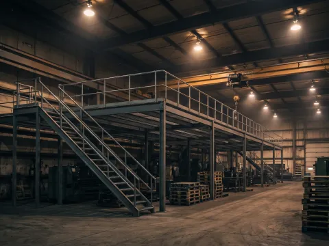 Mezanino metálico instalado em operação logística — estrutura ampla entregue