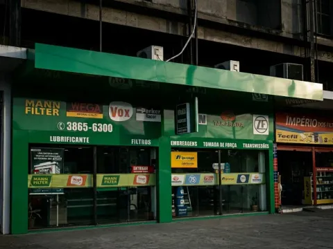 Fachada comercial em ACM verde com logos integrados — projeto entregue em ambiente diurno