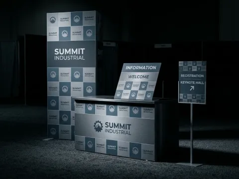 Totem e painéis de balcão para evento — placas rígidas com impressão UV e laminação