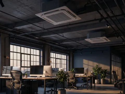 Sala comercial climatizada com múltiplos splits instalados — conforto térmico entregue