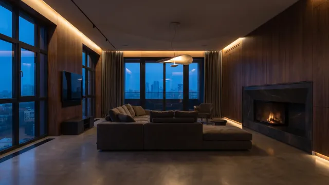 Sala residencial reformada com iluminação e acabamentos contemporâneos — entrega final