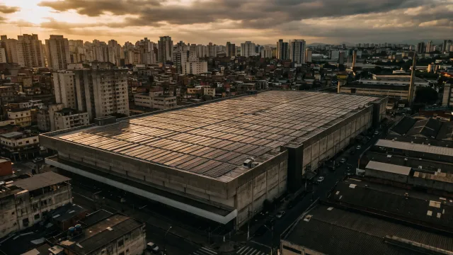 Vista ampla de edifício comercial com placas solares instaladas — projeto entregue em ambiente urbano