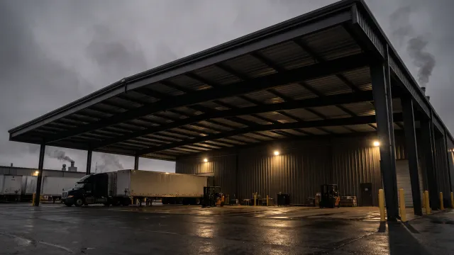 Cobertura metálica em área comercial — projeto estrutural concluído