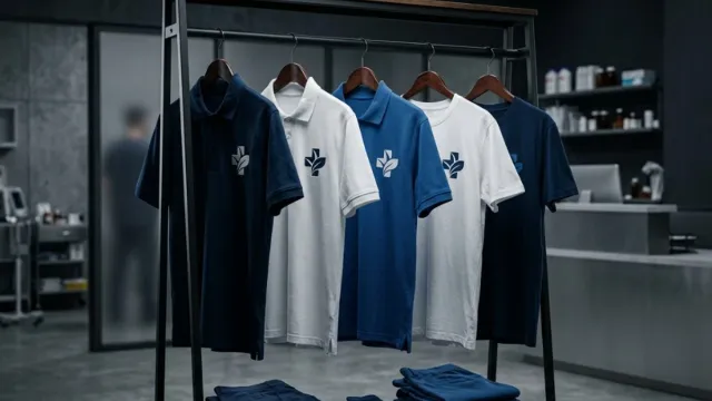 Conjunto de uniformes customizados para equipe — polos e camisetas com identidade visual para clínica ou operação comercial